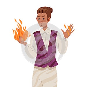 Man Psychic and Stage Magician Performing Trick Holding Flame with Bare Hands Vector Illustration