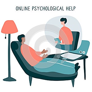 Man at the psychologist online session. Doctor consultation by phone. Video call to psychiatrist. Online psychological therapy.