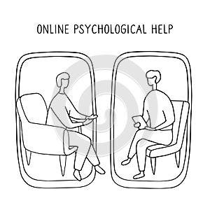 Man at the psychologist online session. Doctor consultation by phone. Video call to psychiatrist. Online psychological therapy.