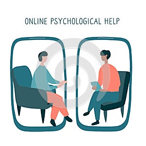 Man at the psychologist online session. Doctor consultation by phone. Video call to psychiatrist. Online psychological therapy.