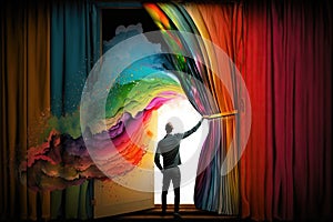 Man pulling the curtain up to a new colorful world, created with Generative AI technology