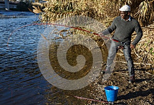 Man and pulling fish near river
