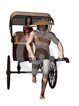 Man pulling rickshaw with passenger