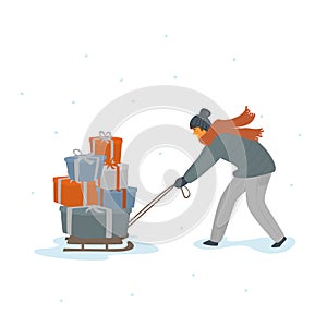 Man pulling sled full of gift boxes christmas presents isolated vector illustration