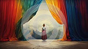 Man pulls curtain to reveal colorful new world, symbolizing discovery & wonder, Ai Generated