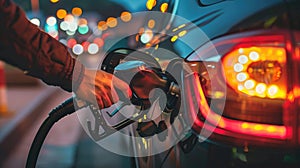 A man pumping gasoline fuel in car at gas station, Handle fuel nozzle to refuel photo