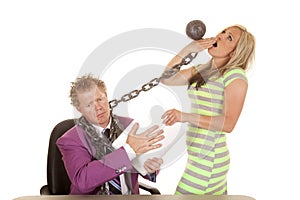 Man purple suit woman green dress chain yawn laptop