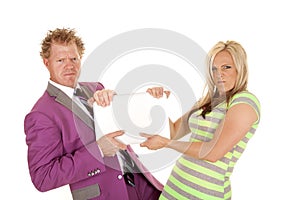 Man purple suit woman green dress pull laptop