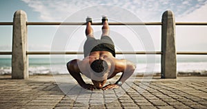 Man, push up and exercise at the beach for fitness or training outdoor for challenge in workout goals. Healthy, person