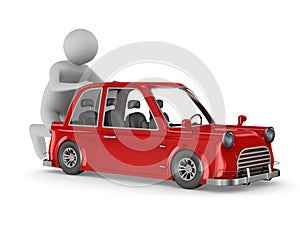 Man pushes broken car on white background. Isolated 3D illustration