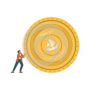 A man pushes an Opensea gold coin, a development of the NFT. A platform for the sale of NFT. Marketplace for non-fungible photo
