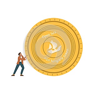 A man pushes an Opensea gold coin, a development of the NFT. A platform for the sale of NFT. Marketplace for non-fungible