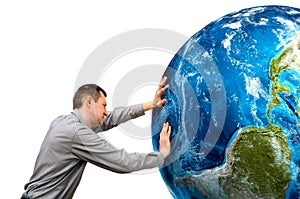 Man pushes the planet on a white background.