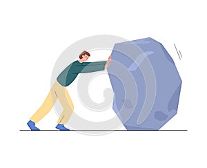 Man pushes a stone with effort trying to clear his way, flat vector isolated.