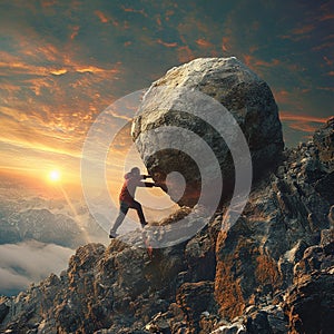 A man pushes a stone uphill. Backbreaking work. The path to success