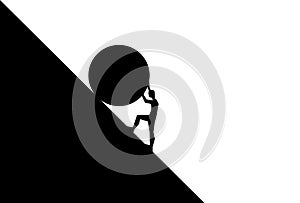 Man pushing big boulder uphill. Concept of fatigue, effort, courage, power, force Vector cartoon black silhouette in flat design