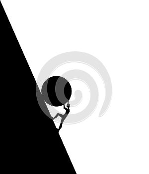 Man pushing big boulder uphill. Concept of fatigue, effort, courage, power, force Vector cartoon black silhouette in flat design