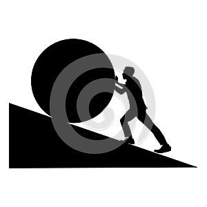 man pushing big boulder uphill. Concept of fatigue, effort, courage, power, force Vector cartoon black silhouette in flat design
