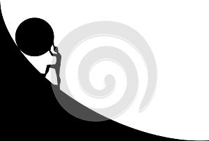 Man pushing big boulder uphill. Vector cartoon silhouette in flat design isolated on white background