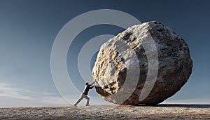 Man pushing large stone to the top