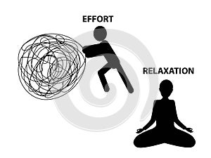 Man pushing a messy ball and woman meditating, effort and relaxation concept