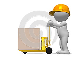 man pushing pallet truck with blank box