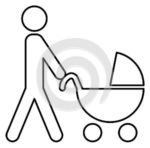 Man pushing pram. Father walk with little baby. Linear icon