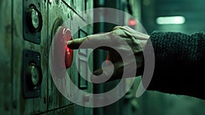 A man pushing a red button on an old elevator, AI