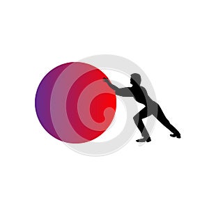 Man pushing a red sphere, ball or orb - isolated over a white background. Artless object.