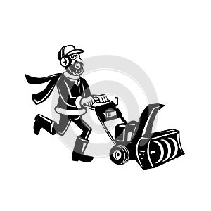 Man Pushing a Snow Blower or Snow Thrower Cartoon Retro Black and White