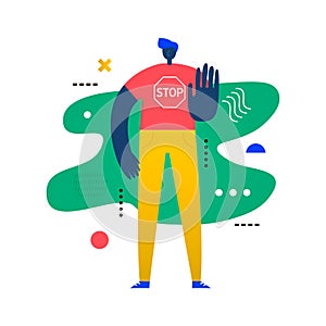 Man put his hand forward, stop gesture. Creative vector illustration made in abstract composition