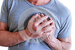 The man put his hands around the chest, pain in . Chest spasm, angina pectoris. Heart attack