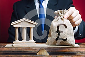 A man puts a money bag on the scales opposite to the building of the government, bank, university. Budget and funding for normal