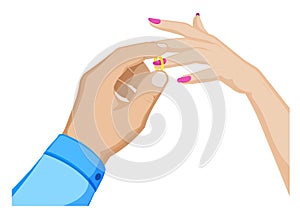 Man puts a wedding ring on a womans finger. Marriage, family, wedding ceremony. Cartoon vector on white background