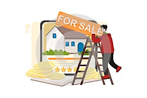 Man putting an ad for house selling