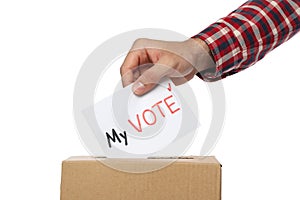 Man putting ballot into voting box, isolated on background