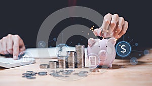 man putting coin money in piggy bank,high return investment,profit growth,Money and Investment Strategy,business investment