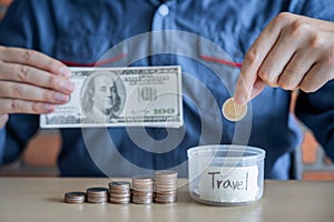Man putting coins into money box with savings and analysis business investment strategy with income of money coin and dollar for