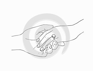 Man putting engagement ring on woman hand, outdoor. marriage proposal. Graphic vector illustration. Line art, Sketch