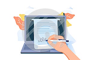 Man putting esignature into legal document. Digital signature concept. Businessman signing an agreement or contract