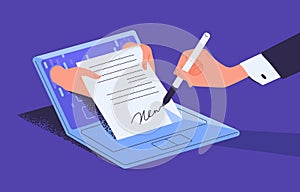 Man putting esignature into legal document. Digital signature concept. Businessman signing an agreement or contract