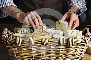 man putting a finishing touch on a wicker basket of gourmet cheeses