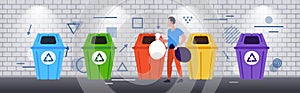 Man putting garbage bags in different types of recycling bins segregate waste sorting management cleaning service