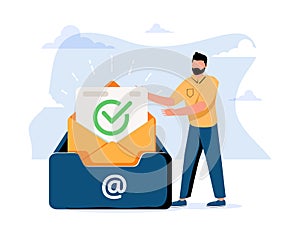 Man putting letter or mail into box. Concept of business project inbox, mailbox, email, electronic address.