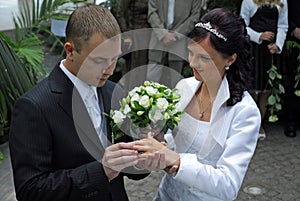 Man putting ring on bride