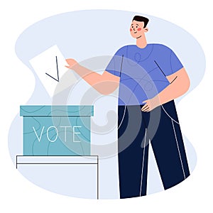 Man putting vote paper into ballot box. Concept of election, voting, democratic and politic