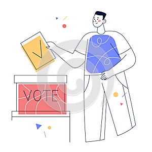 Man putting vote paper into ballot box. Concept of election, voting, democratic and politic