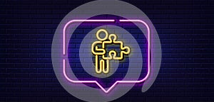 Man with Puzzle line icon. Jigsaw piece sign. Neon light speech bubble. Vector