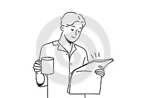 Man in pyjama drink coffee read newspaper