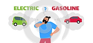 Man with question mark choose electric or gasoline car clean energy transport